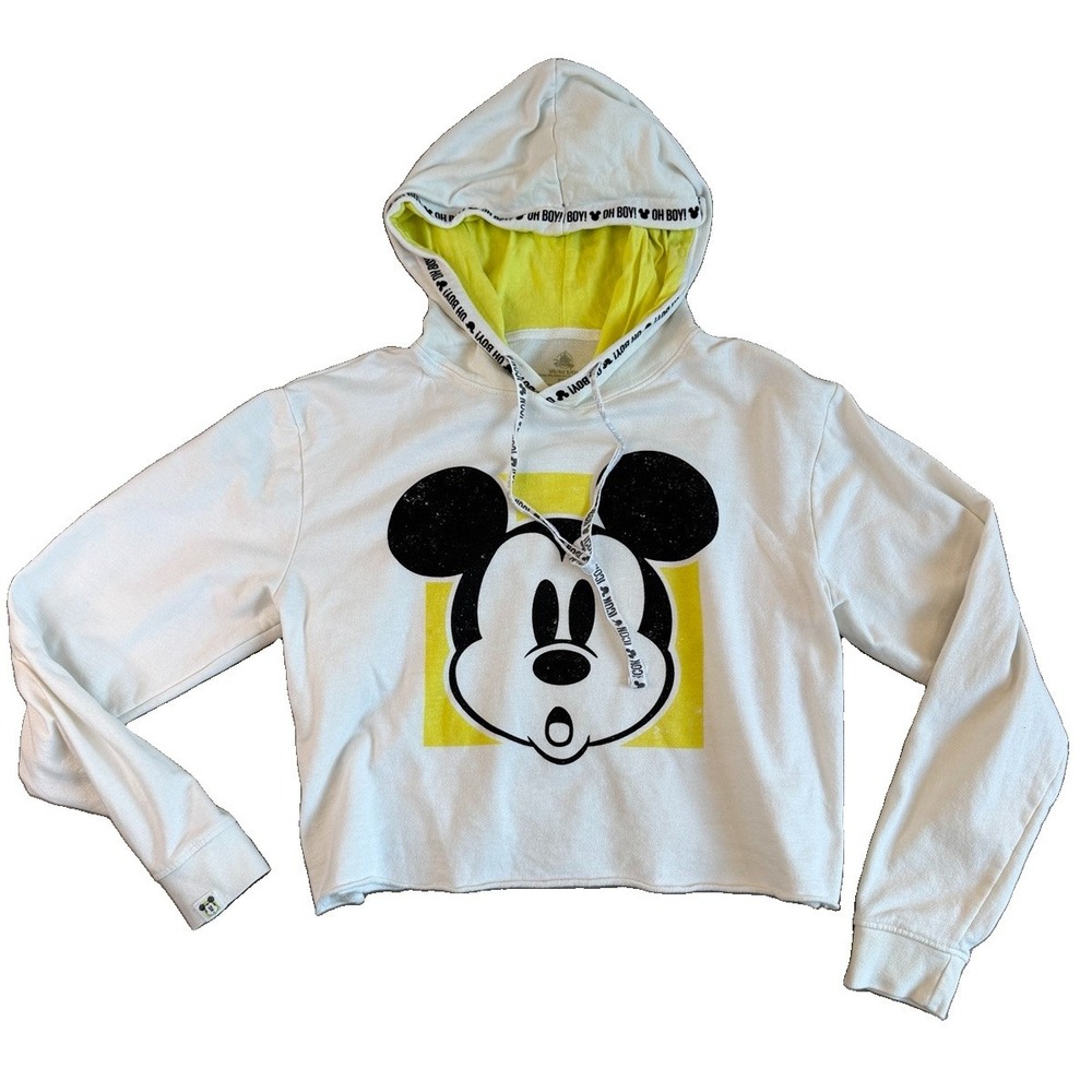 Disney Mickey Mouse Hoodie "Oh Boy!" White/Yellow Crop Pullover Sz Small